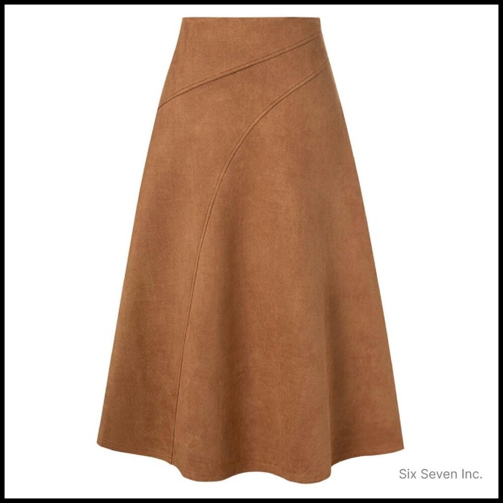 Faux Suede High Waist A-Line Midi Skirt Elegant Fall Winter Chic